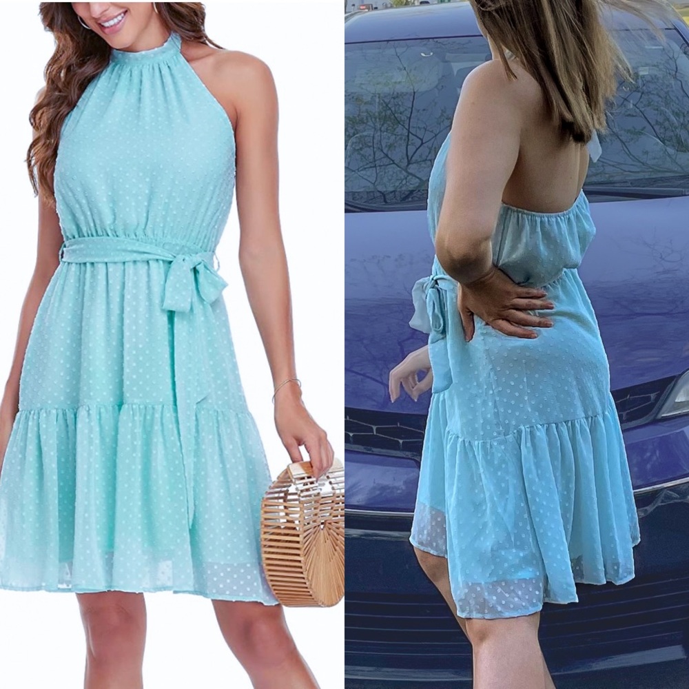 Women's Summer Swiss Dot Dress Halter Neck Ruffle Hem